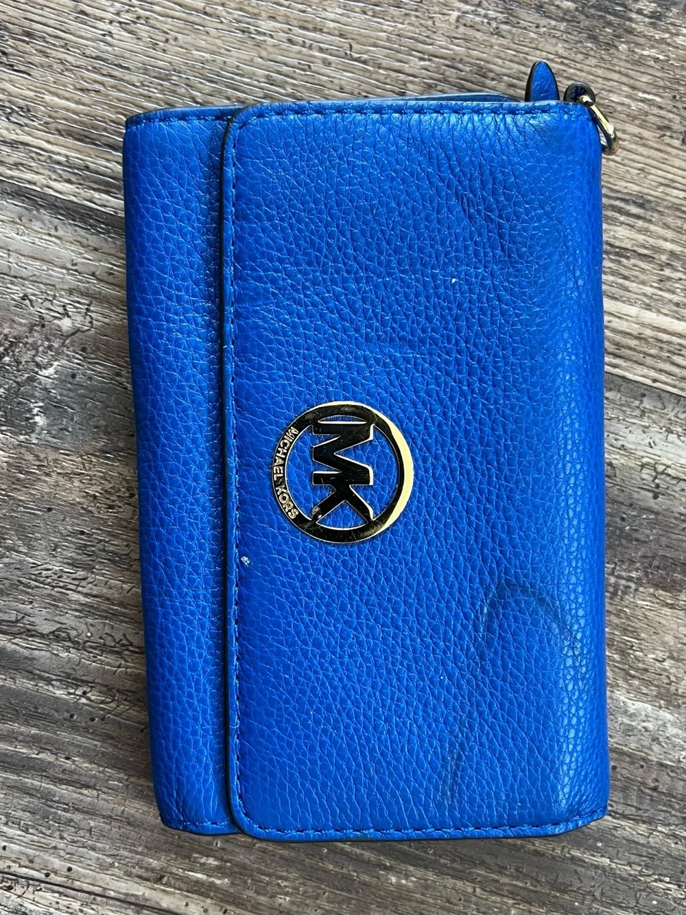 Michael Kors Electric Blue Pebbled Leather Wallet with Gold MK Emblem